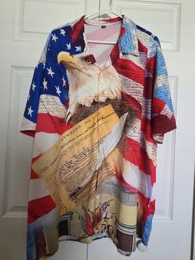 Patriotic Eagle & Constitution Button-Up Shirt - Red, White, Blue - RUNS SMALL